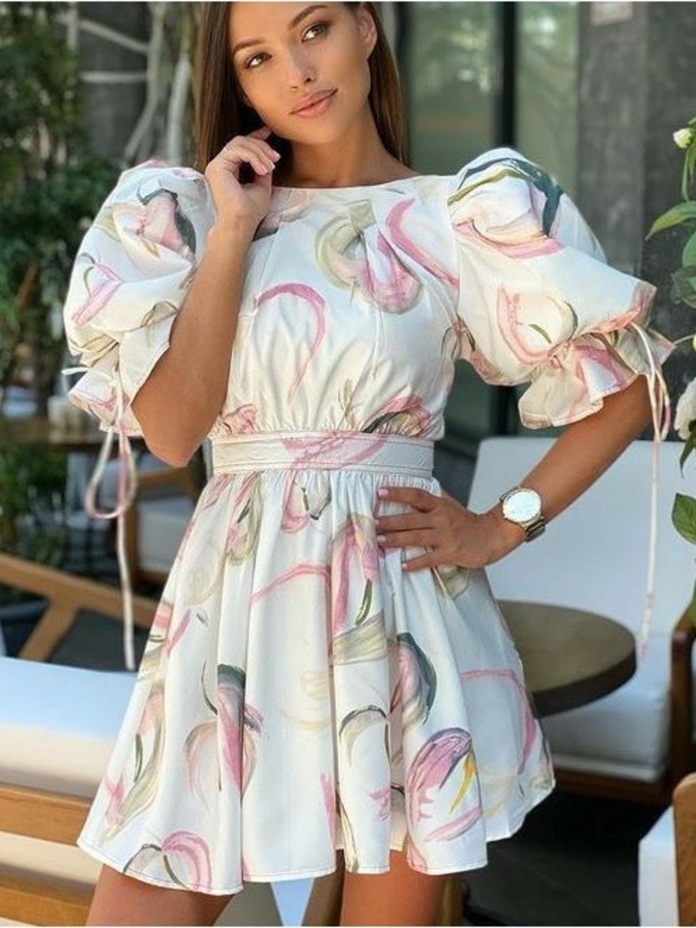Aje Ivory Cream Imprint Puff Sleeve Mini Dress in Painterly Lace leaf Sz 6